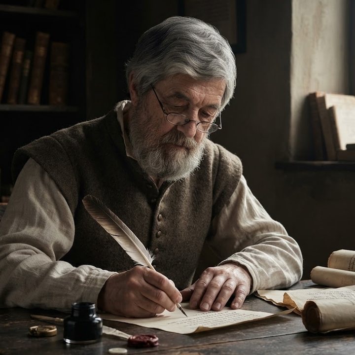 Ritratto di Piergiorgio Bortolotti che scrive con una penna d’oca a un tavolo di legno, tra libri e pergamene